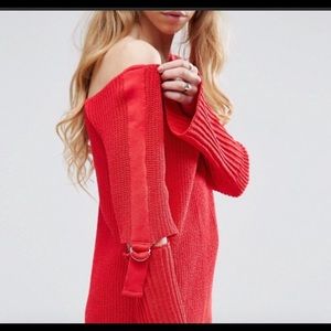 Red off the shoulder sweater